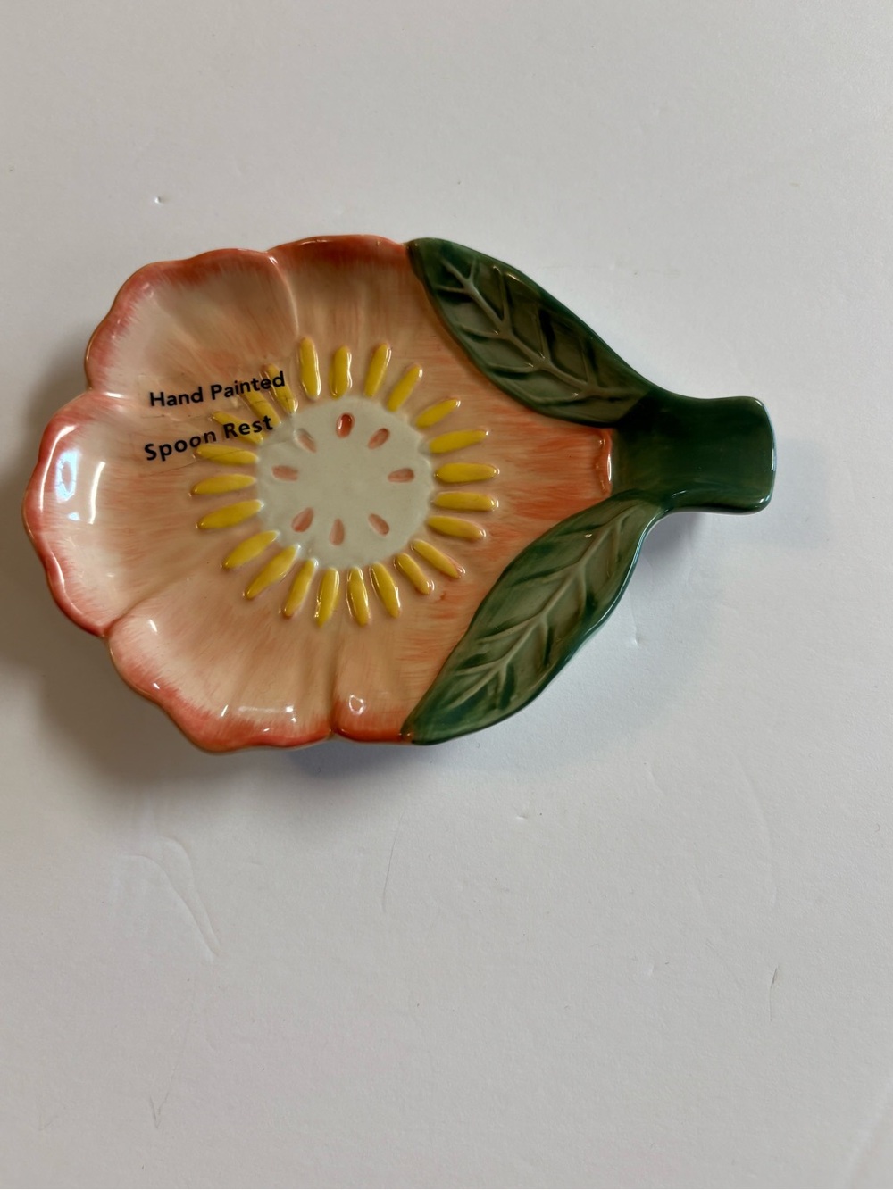 Unbranded Hand Painted Spoon Rest Flower Dish - Green, Yellow, Peach - Picture 2 of 6